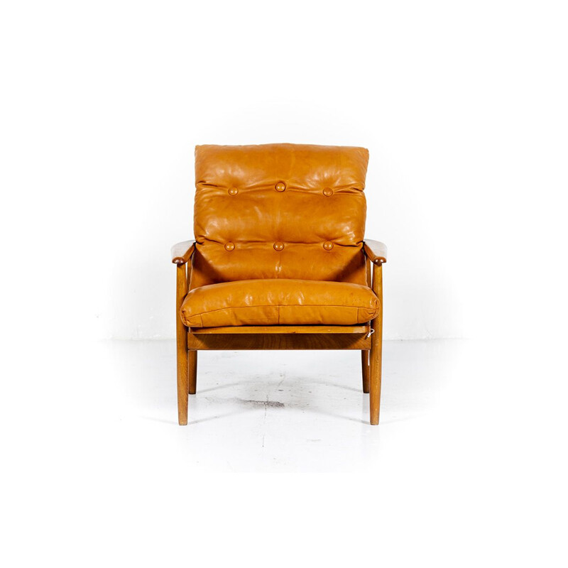 Vintage Danish armchair with Cognac leather cushions, 1960s