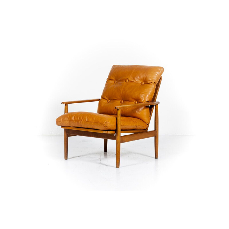 Vintage Danish armchair with Cognac leather cushions, 1960s