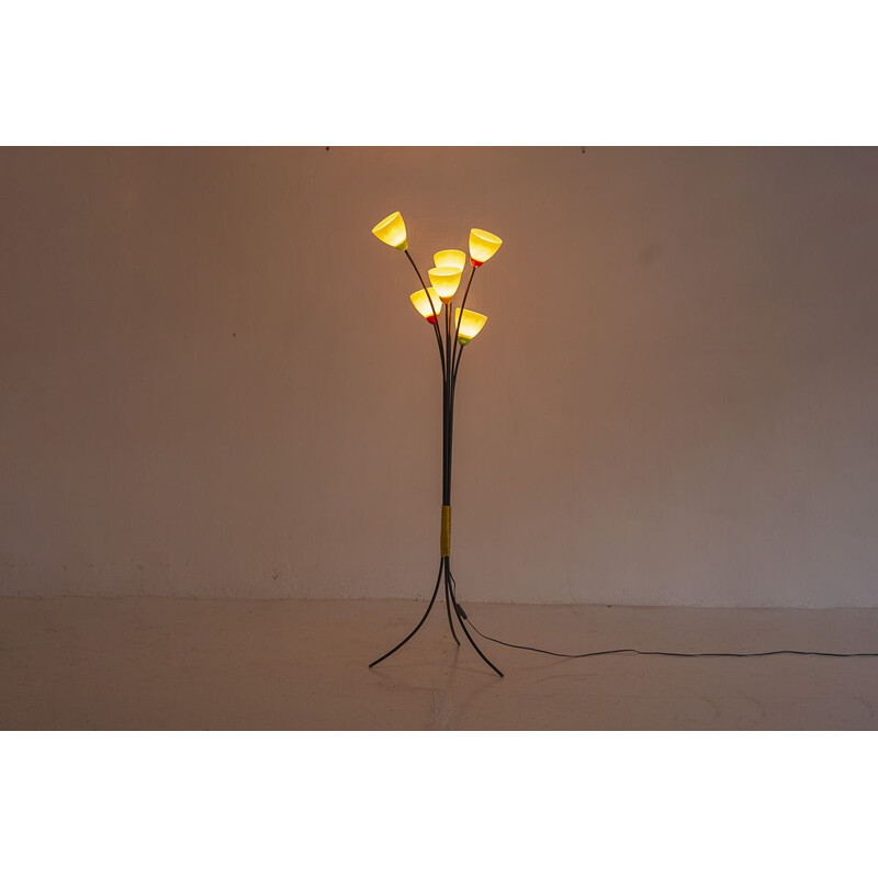 Vintage french 6-light floor lamp in glass and metal 1950s