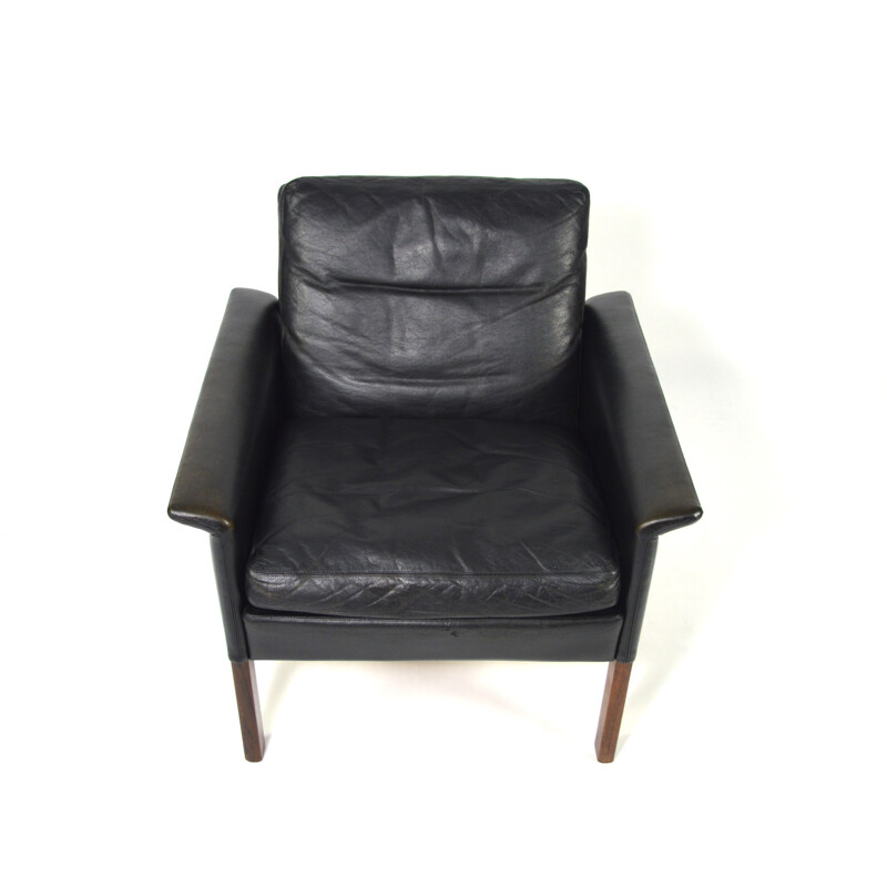 C.S. Mobler black leather and rosewood easy chair, Hans OLSEN - 1950s