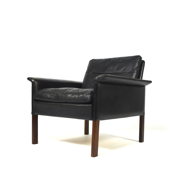 C.S. Mobler black leather and rosewood easy chair, Hans OLSEN - 1950s