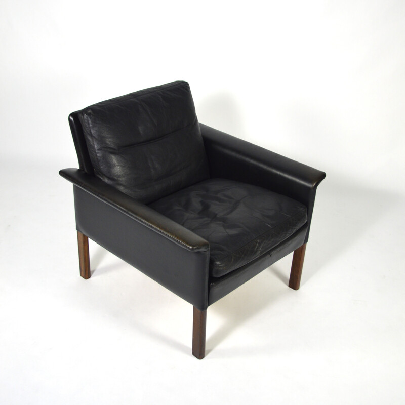 C.S. Mobler black leather and rosewood easy chair, Hans OLSEN - 1950s