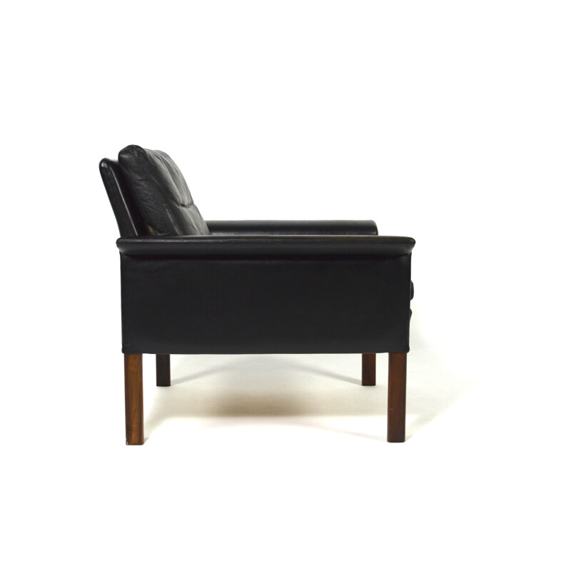 C.S. Mobler black leather and rosewood easy chair, Hans OLSEN - 1950s