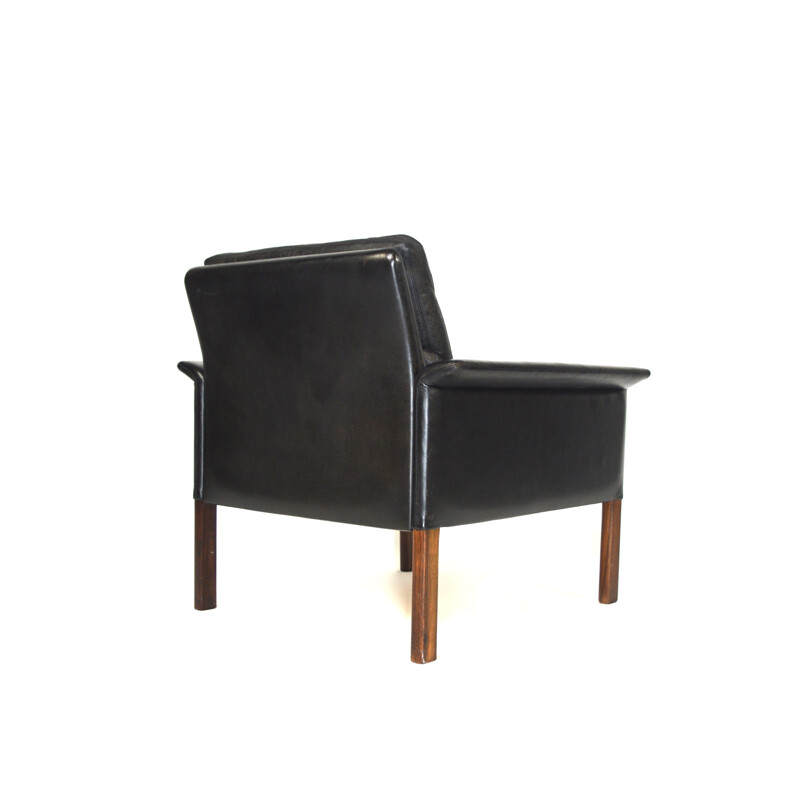 C.S. Mobler black leather and rosewood easy chair, Hans OLSEN - 1950s