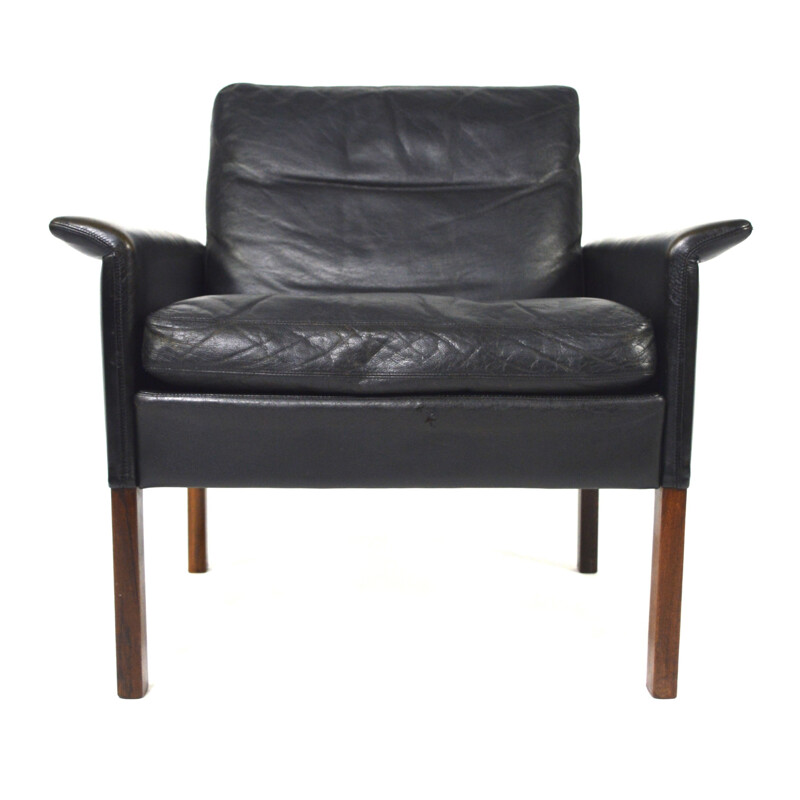 C.S. Mobler black leather and rosewood easy chair, Hans OLSEN - 1950s