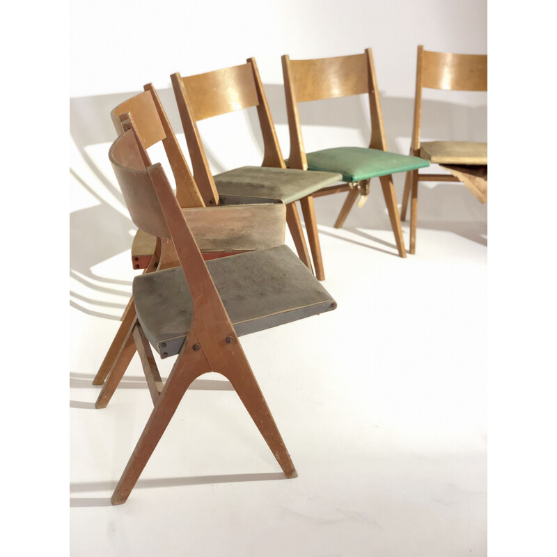 Suite de 6 chaises vintage françaises Caillette 1950