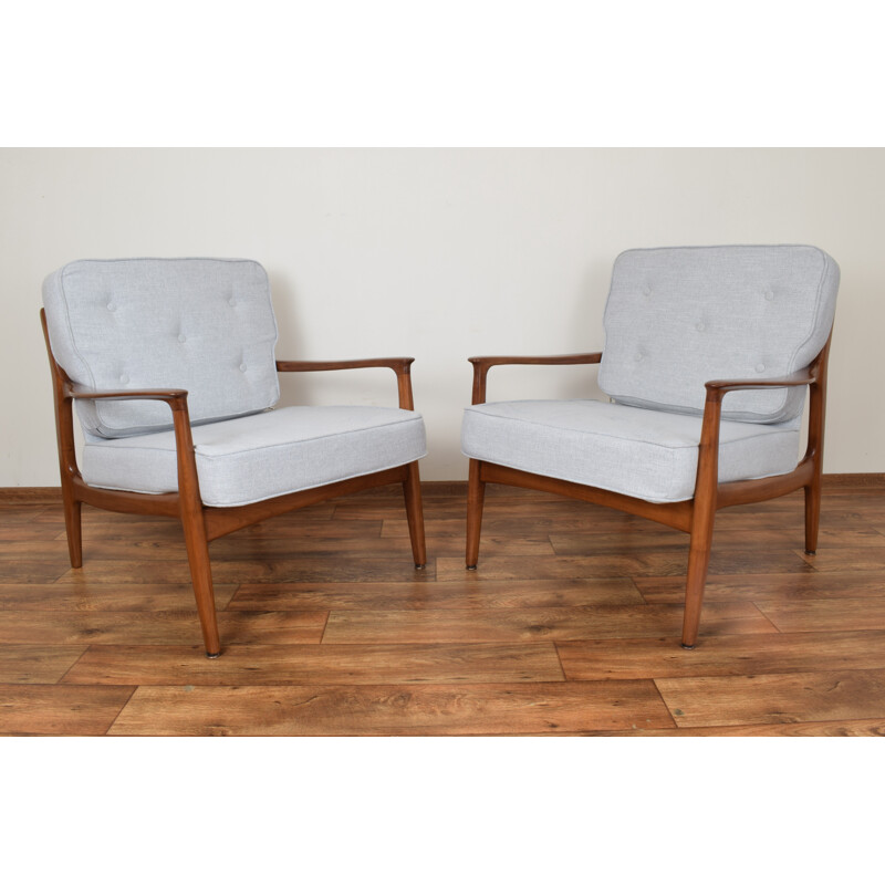 Set of 2 vintage armchairs for Soloform in fabric and cherrywood 1960s