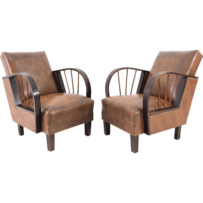 Set of 2 vintage lounge chairs, leather, 1970s