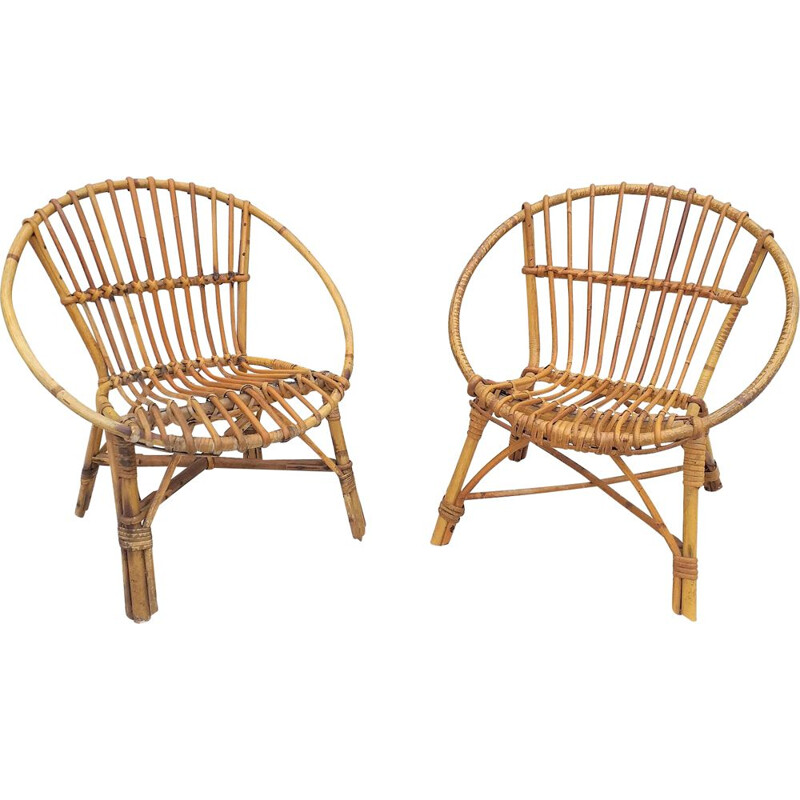 Paire de 2 fauteuils corbeille vintage en rotin, 1950