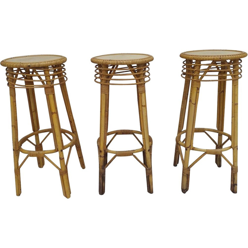 Suite of 3 vintage bar stools in rattan 1970s