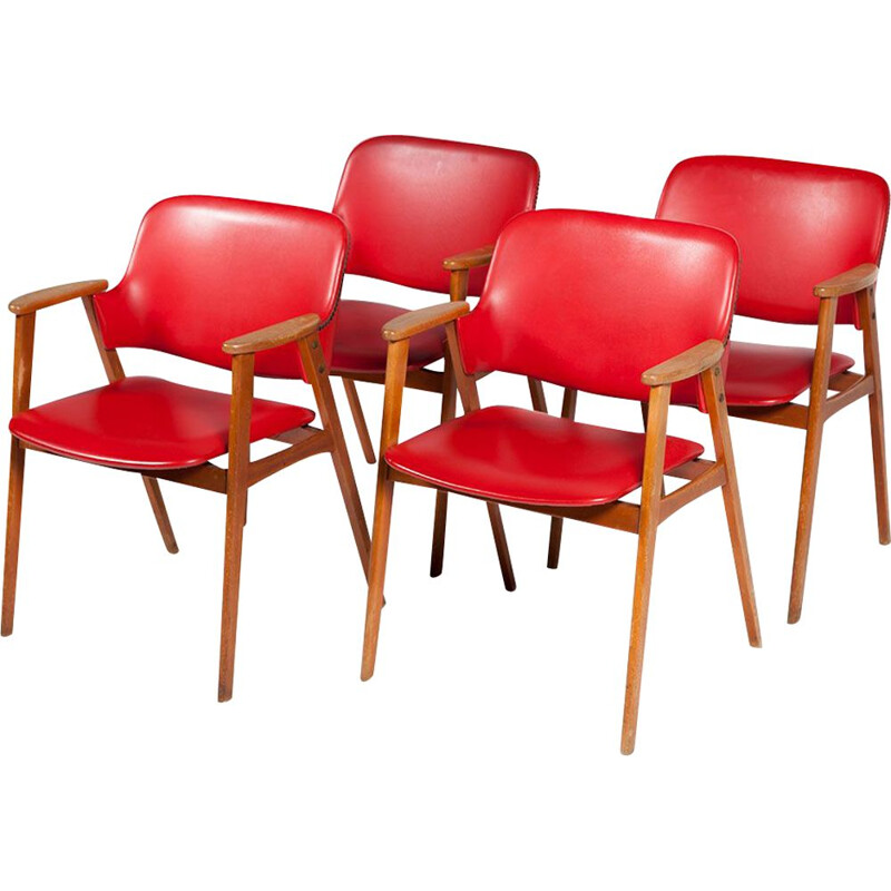 Vintage set of 4 Dining Chairs red by Cees Braakman for Pastoe, 1950s