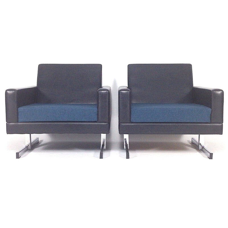 Pair of Dutch black and blue lounge club armchairs - 1960s