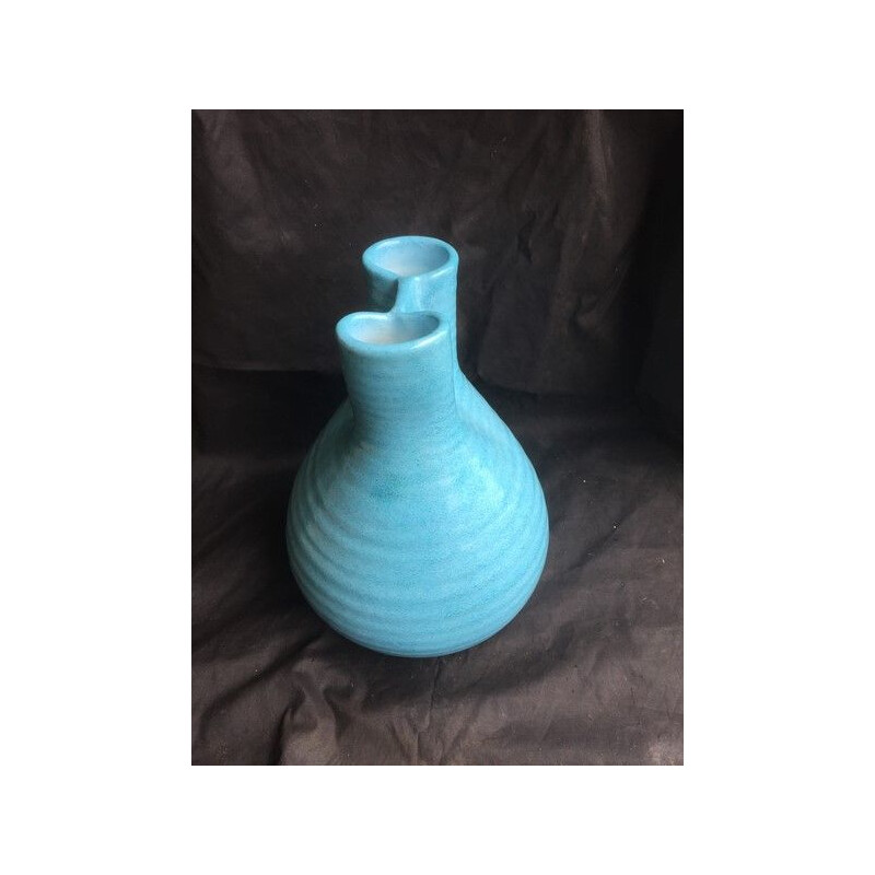 Vase vintage d’Accolay en céramique bleue 1960
