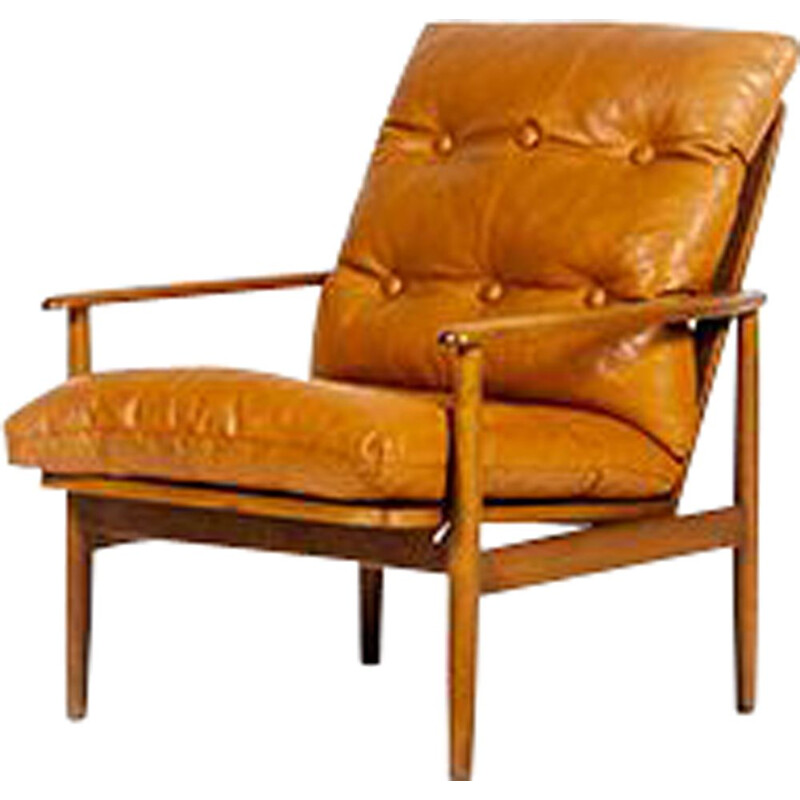 Vintage Danish armchair with Cognac leather cushions, 1960s