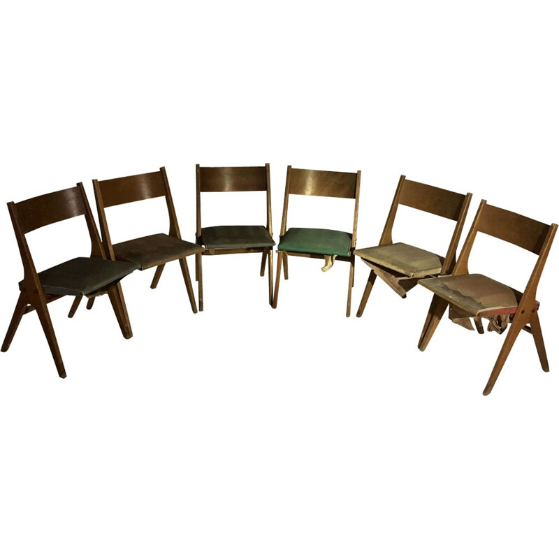 Suite de 6 chaises vintage françaises Caillette 1950