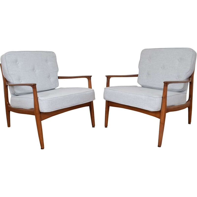 Set of 2 vintage armchairs for Soloform in fabric and cherrywood 1960s