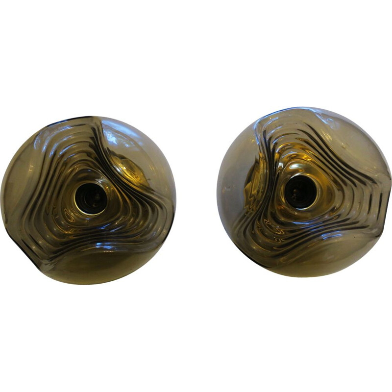 Pair of 2 vintage amber glass and brass wall lamps by Koch & Lowy for Peill & Putzler Wall, 1970s