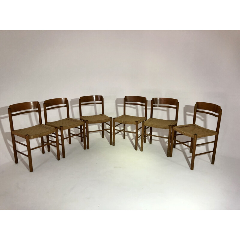 Suite de 6 chaises vintage en paille et bois, 1950