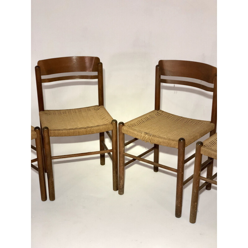 Set of 6 vintage chairs in straw and wood, 1950s