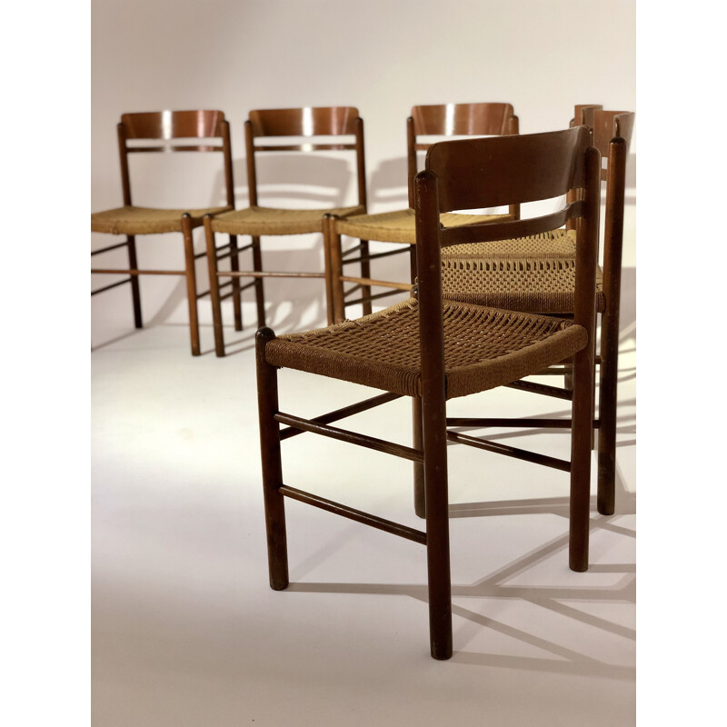 Suite de 6 chaises vintage en paille et bois, 1950