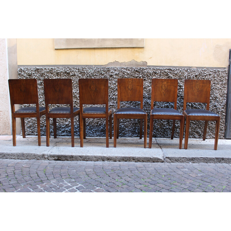 Set of 6 vintage Italian walnut and leather dining chairs 