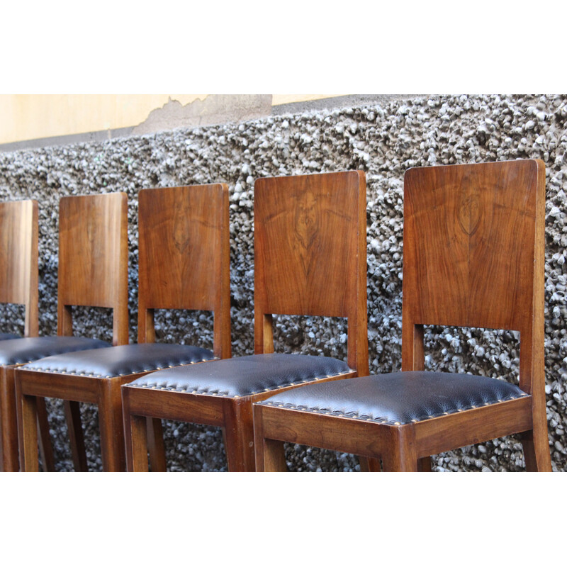 Set of 6 vintage Italian walnut and leather dining chairs 