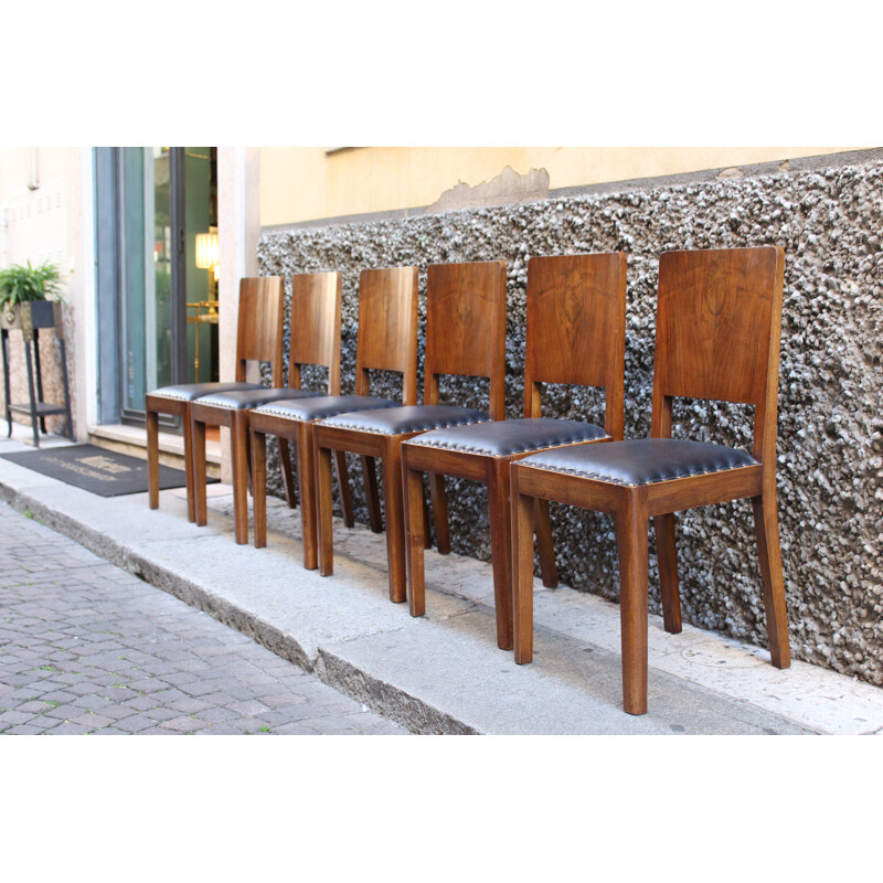 Ensemble de 6 chaises à repas vintage italiennes en noyer et cuir 