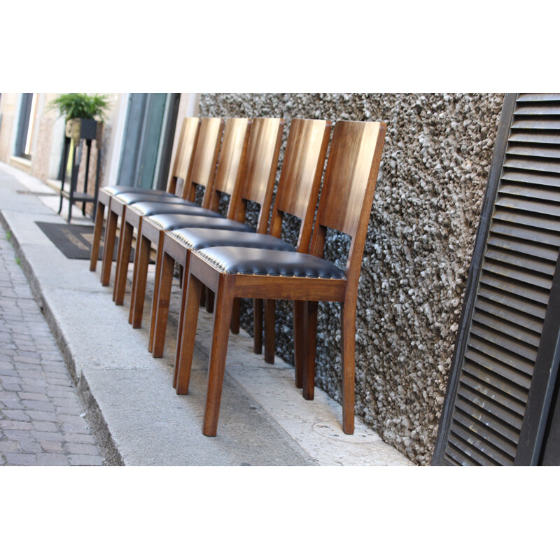 Set of 6 vintage Italian walnut and leather dining chairs 