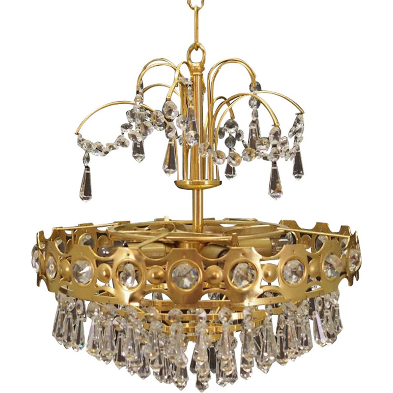 Vintage brass and crystal chandelier, 1960s