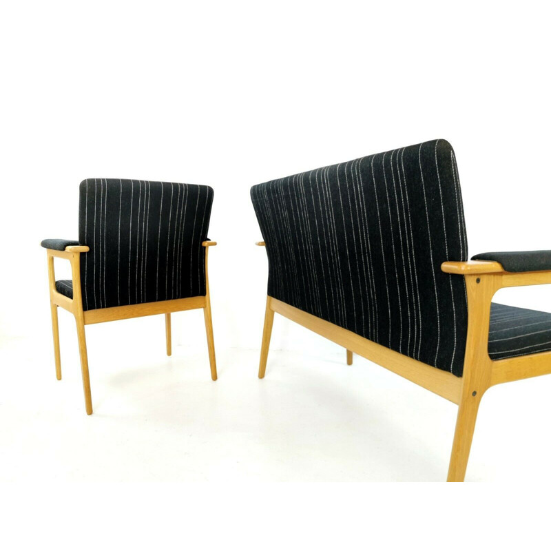 Vintage Erik Buch 2 seat sofa & armchair in black upholstery and Danish oak,1970s