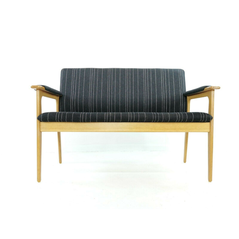 Canapé et fauteuil vintage Erik Buch 2 places en tissu noir et chêne danois, 1970