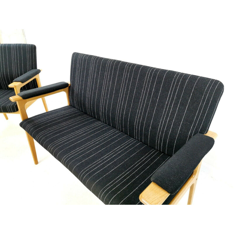 Vintage Erik Buch 2 seat sofa & armchair in black upholstery and Danish oak,1970s