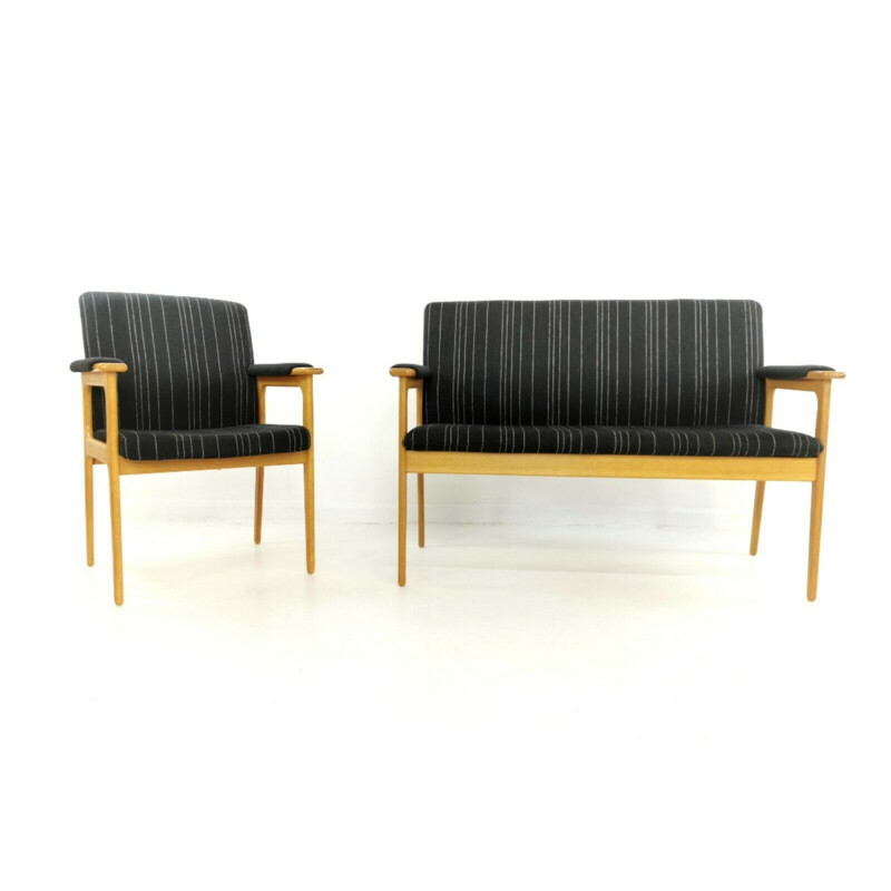 Vintage Erik Buch 2 seat sofa & armchair in black upholstery and Danish oak,1970s