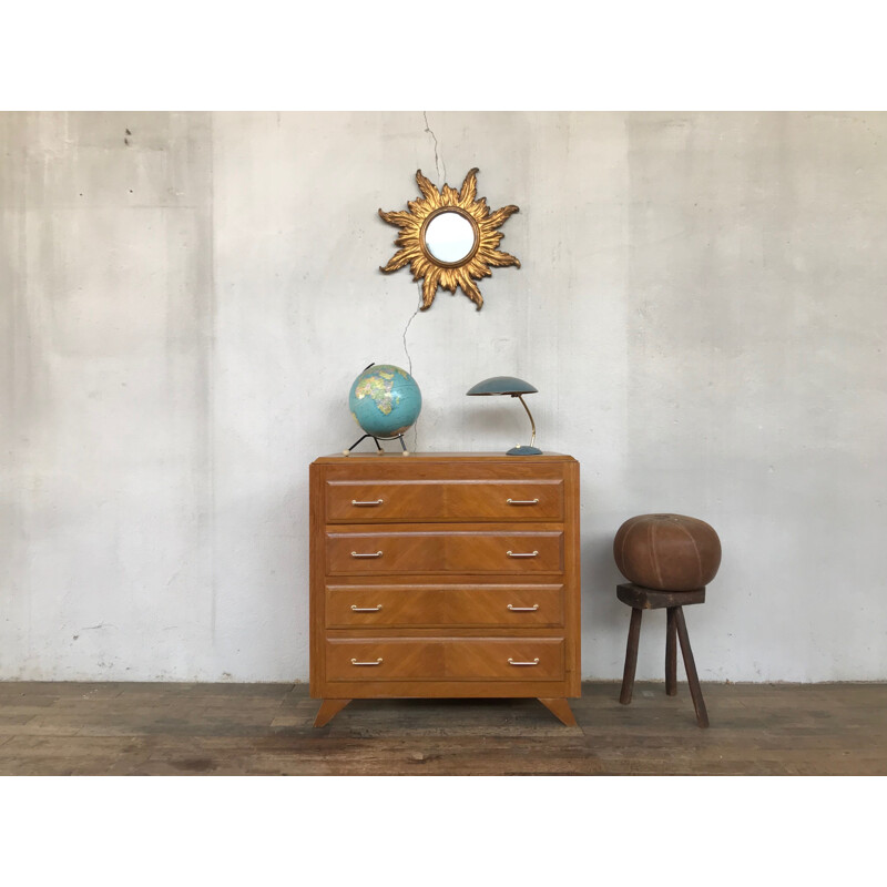 Vintage chest of drawers with wooden compass legs and light oak, 1950s