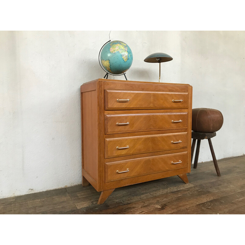 Vintage chest of drawers with wooden compass legs and light oak, 1950s