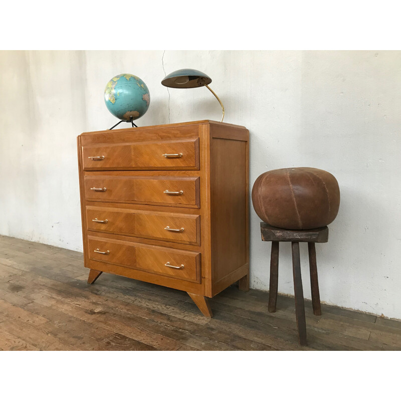 Vintage chest of drawers with wooden compass legs and light oak, 1950s