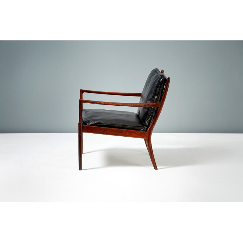 Paar vintage Samso fauteuils in rozenhout en leer voor Olof Perssons Fatoljindustri, Zweden