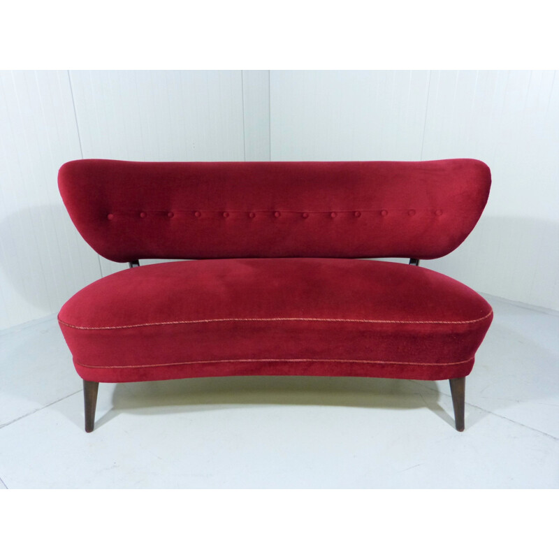 Vintage 2-seat sofa by Otto Schulz in wood and red velvet 1950s