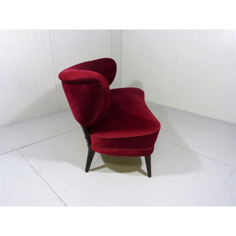 Vintage 2-seat sofa by Otto Schulz in wood and red velvet 1950s