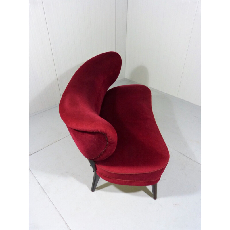 Vintage 2-seat sofa by Otto Schulz in wood and red velvet 1950s