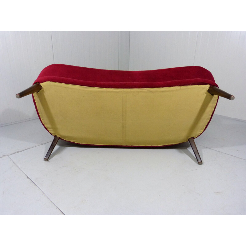 Vintage 2-seat sofa by Otto Schulz in wood and red velvet 1950s