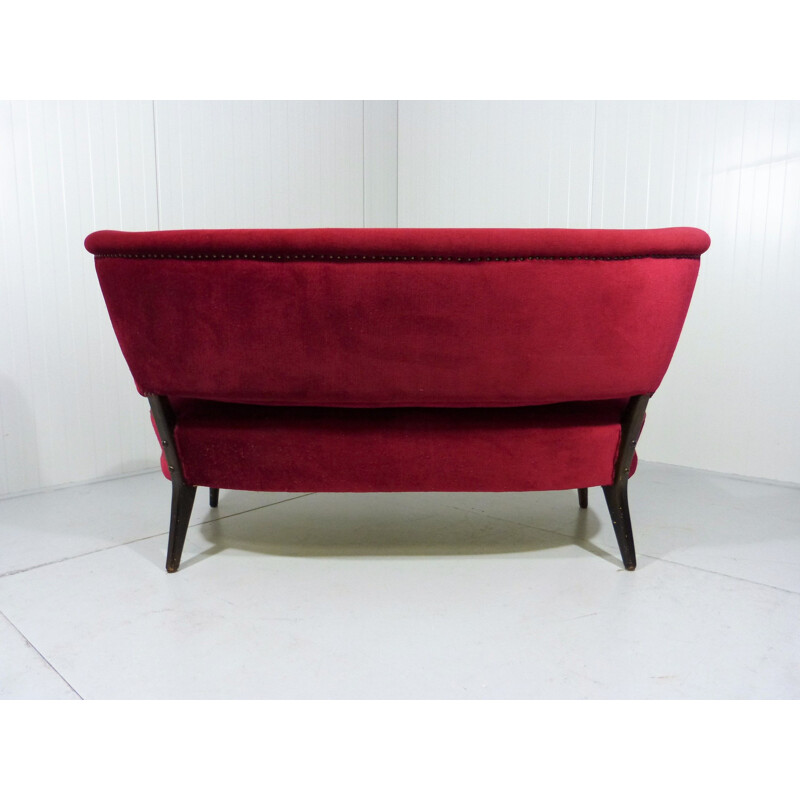 Vintage 2-seat sofa by Otto Schulz in wood and red velvet 1950s