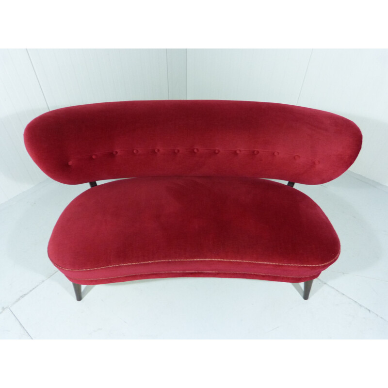 Vintage 2-seat sofa by Otto Schulz in wood and red velvet 1950s