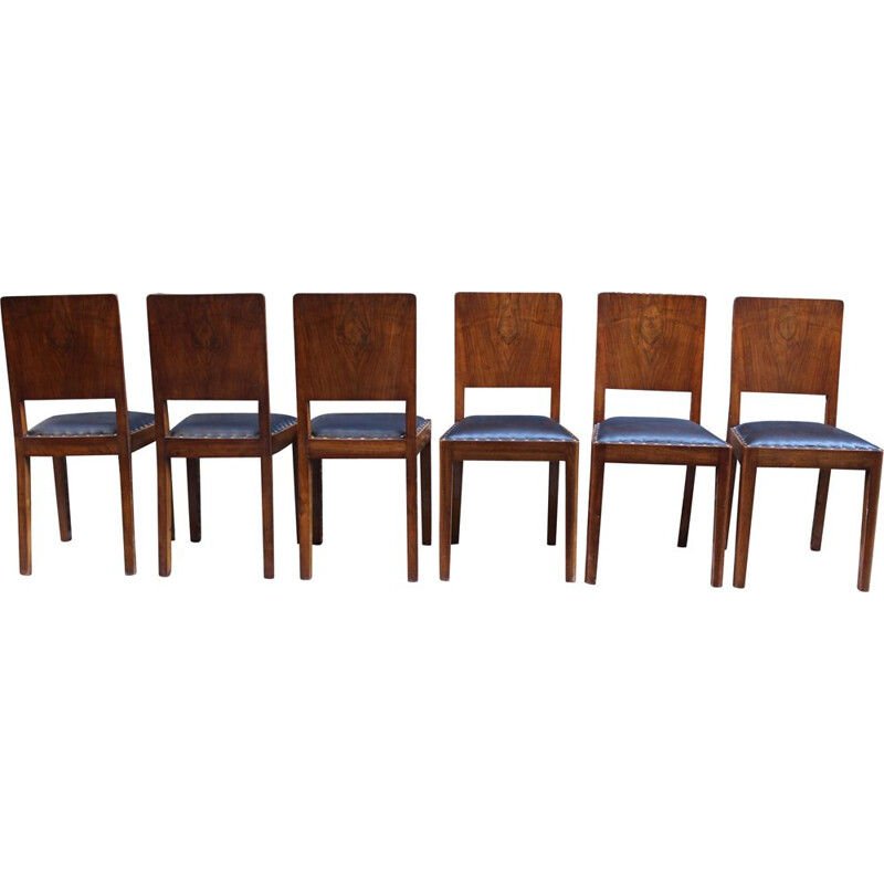 Set of 6 vintage Italian walnut and leather dining chairs 