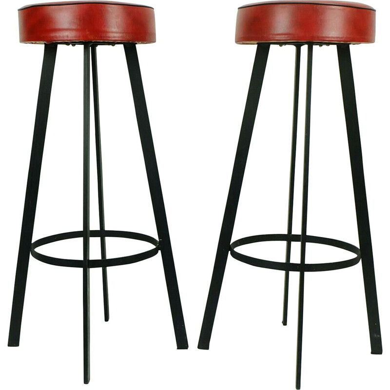 Vintage pair of iron and leatherette bar stools, 1960s 