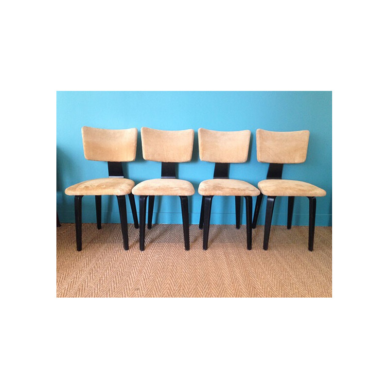 Set of 4 vintage chairs in lacquered wood and nubuck leather, Cor ALONS - 1950s