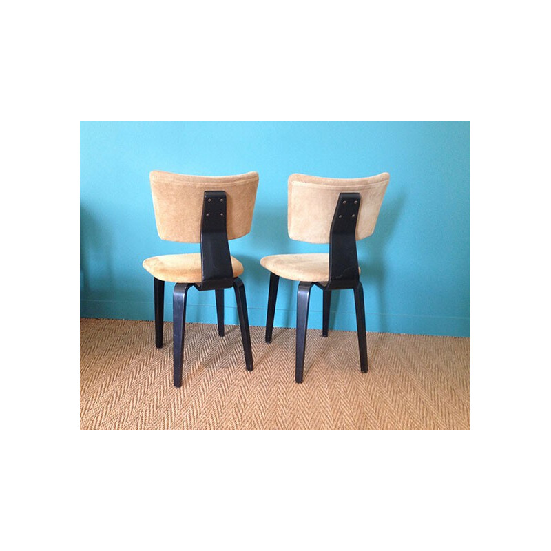 Set of 4 vintage chairs in lacquered wood and nubuck leather, Cor ALONS - 1950s