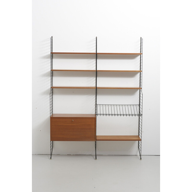 Vintage adjustable string wall in teak by Nisse Strinning, 1950s