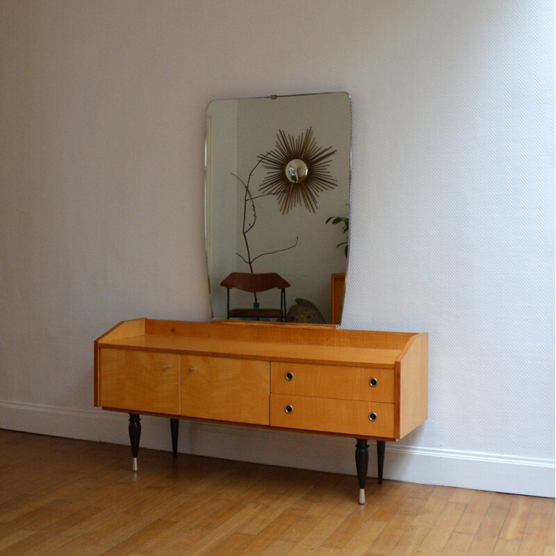 Coiffeuse Vintage en bois blond et grand miroir 1960