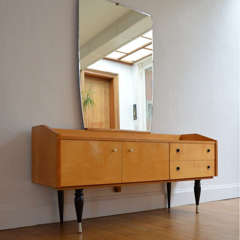 Vintage Dressing table in blond wood with large mirror 1960